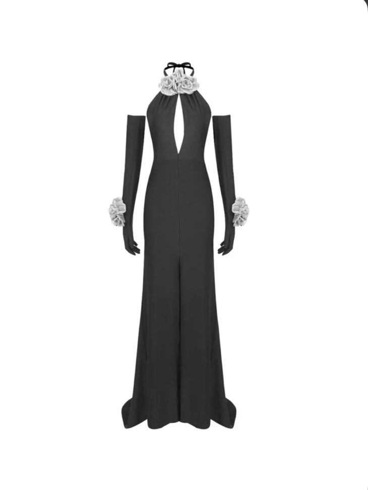 Milo - Robe fendue à fleurs dos nu avec gants – Image 5