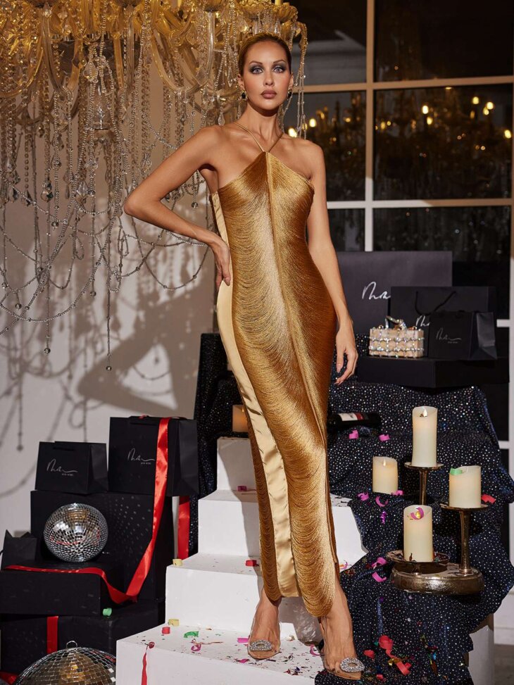 Bluma - Robe longue dos nu à franges - Bronze
