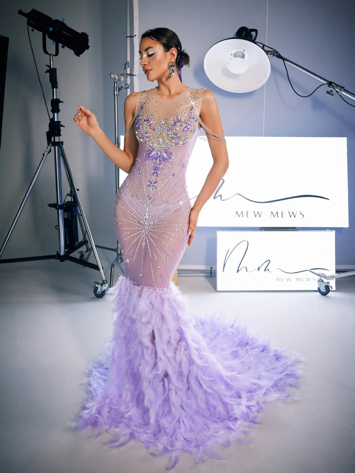 Robe longue à plumes et strass Chaviv – Image 3