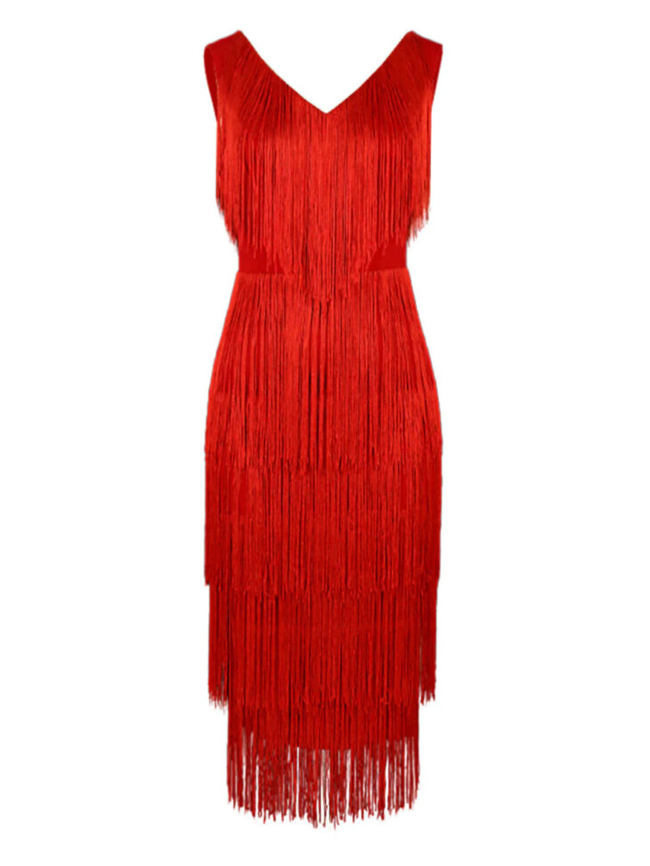 Robe mi-longue à franges et col en V Sheadon – Image 7