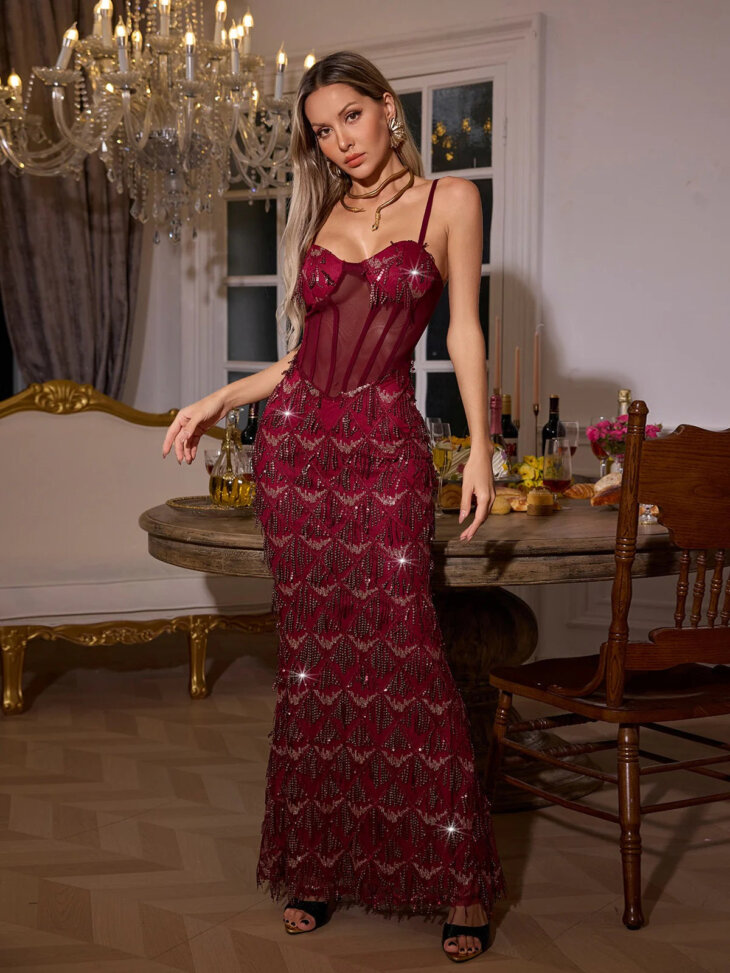 Ottis - Robe longue à franges et sequins - Rouge – Image 5