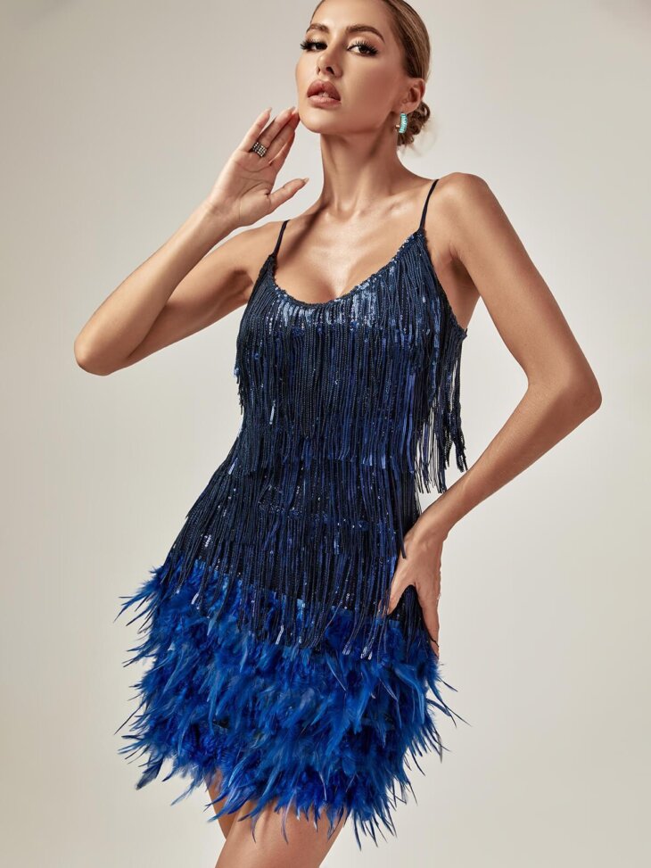 Mini-robe Austyn à plumes et pampilles, bleu royal – Image 4