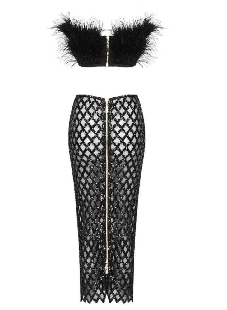 Ansley - Ensemble jupe bustier en plumes en tulle - Noir – Image 6