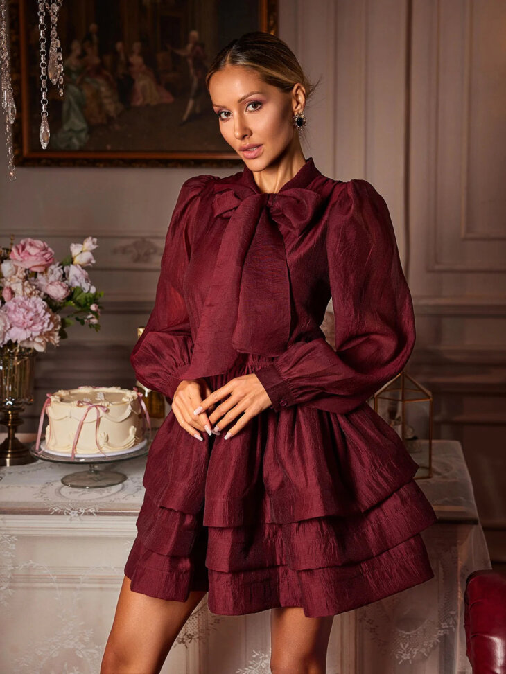 Eairein - Mini-robe à volants et manches longues avec nœud – Image 4