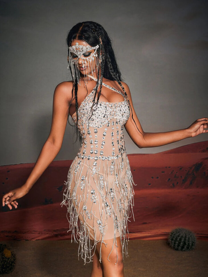 Gregory - Mini-robe dos nu à franges et strass – Image 4