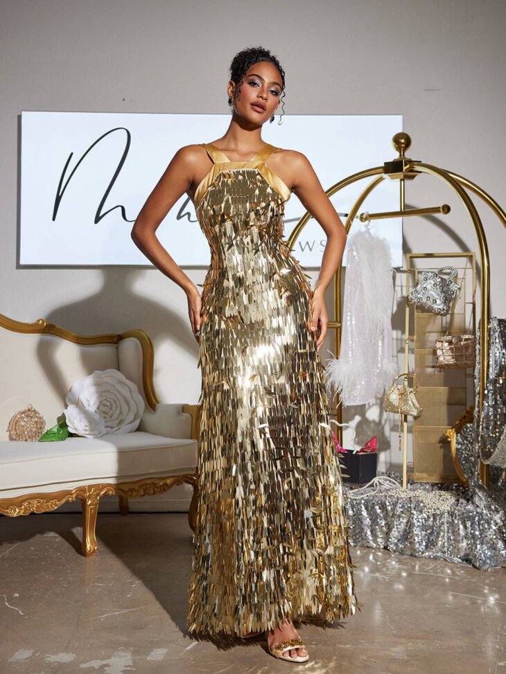 Robe longue à sequins et nœud Leosan – Image 6